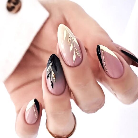 Nails Black Gold Glitter Leaf Press On 24 Stylish Tremdy French Glam Reusable - Picture 1 of 5